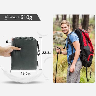 Бавовняний спальний мішок MYCARBON 2-в-1, 95x220 см, надлегкий спальний мішок із захисним чохлом на блискавці, ідеально підходить для походів, подорожей, кемпінгу, активного відпочинку, хостелів, гірських хатин, сірий