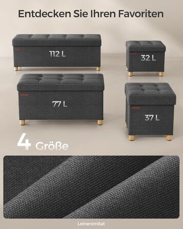 Пуф для зберігання SONGMICS, Складана лавка з ніжками, Пуф для ніг, Коробка для зберігання, Вантажопідйомність до 300 кг, для вітальні, спальні, коридору, Шиферно-сірий LSF16GYZ Шиферно-сірий 38Г x 76Ш x 40В см