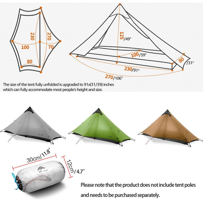 Ультралегкий намет 3/4 сезону Портативний туристичний намет для 1 особи 15D силіконове покриття Водонепроникний двошаровий намет без чохла для кемпінгу, скелелазіння, походів, сірий 3 сезони, 3F Lanshan1