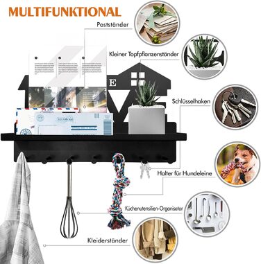 Ключниця з поличкою без свердління чорна, Ключниця сучасна, Ключниця настінна з 7 гачками для ключів і вішалкою, Ключниця для прик