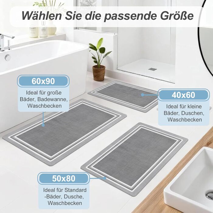 Нековзний килимок для ванної, швидковисихаючий килимок для ванної тонкий, абсорбуючий, нековзний, миючий килимок для ванної кімнати, для підлоги у ванній кімнаті, ванн та душових кабін на відкритому повітрі, світло-сірий, 60 x 40 см (прямокутний)