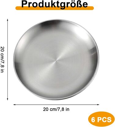 Тарілки з нержавіючої сталі, 6 шт., діаметр 20 см, для барбекю, круглі, для випічки, кемпінгу, пікніків, кухні та вечірок - набір з 6 шт.