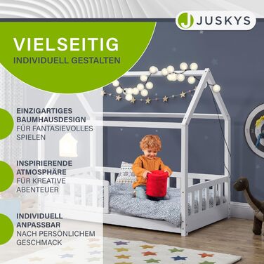 Дитяче ліжко Juskys Marli 80 x 160 см із захистом від падіння, рейковою основою та дахом - Ліжко-будиночок з масиву дерева для дітей - Ліжко білого кольору
