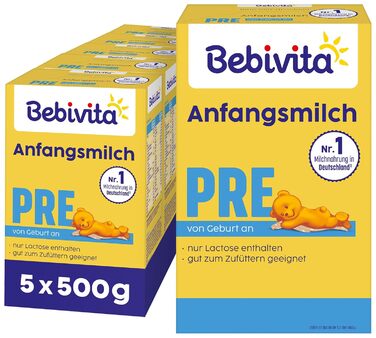 Молочна суміш для немовлят Bebivita PRE (5 x 500 г), з народження, містить лише лактозу як вуглевод, підходить для прикорму 500 г (5 упаковок)