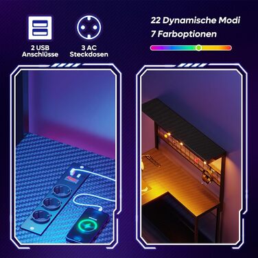 Геймерський стіл Bestier 130 см L-подібний, двосторонній кутовий стіл з розетками, світлодіодним підсвічуванням, 4 полицями, гачками та підставкою для чашок, ідеально підходить для домашнього офісу та ігор, 130 см з вуглецевого волокна, чорний