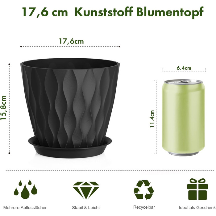 Квітковий горщик 17,6 см, набір із 5 товстих пластикових горщиків для рослин з блюдцями та дренажними отворами, кашпо з 3D хвилеподібною текстурою для рослин-зміїків, рослин-павуків та кімнатних/вуличних рослин, чорний, Ø 17,6 см, 5 шт. у упаковці