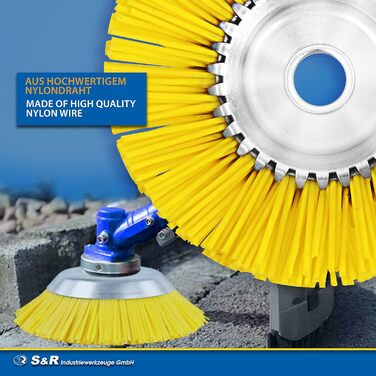 Конічна щітка S&R, щітка для бур'янів 200 мм x 25,4 мм, нейлонова щетина, нейлонова щітка, м'яка щітка для тримерів для газону, мотокоса, кущоріз проти бур'янів, моху, бруду