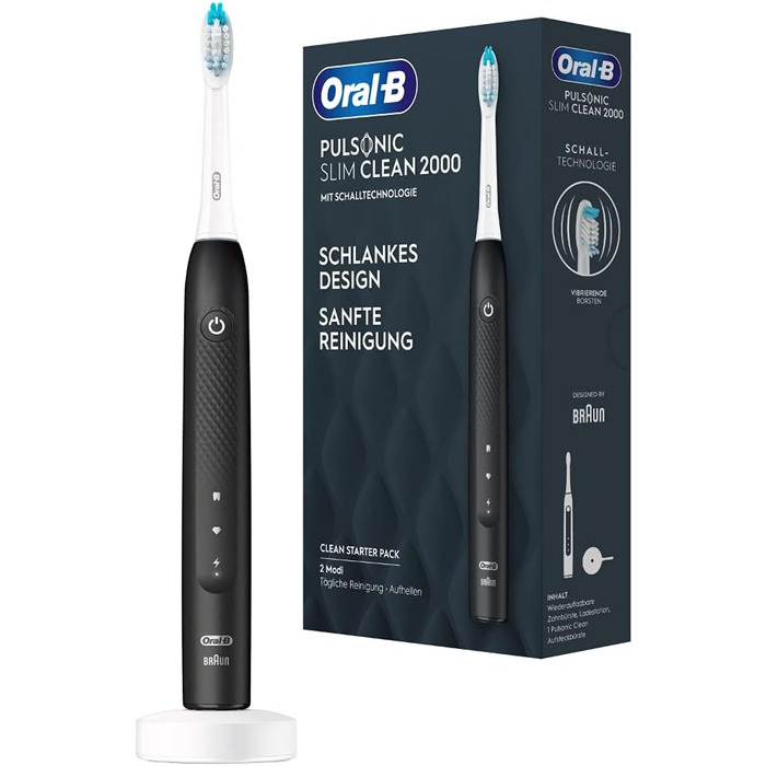 Електрична зубна щітка Oral-B Pulsonic Slim Clean 2000 Звукова, чорна та чутлива щітки для звукових зубних щіток, 4 шт. и, насадка для зубної щітки Oral-B Звукова зубна щітка