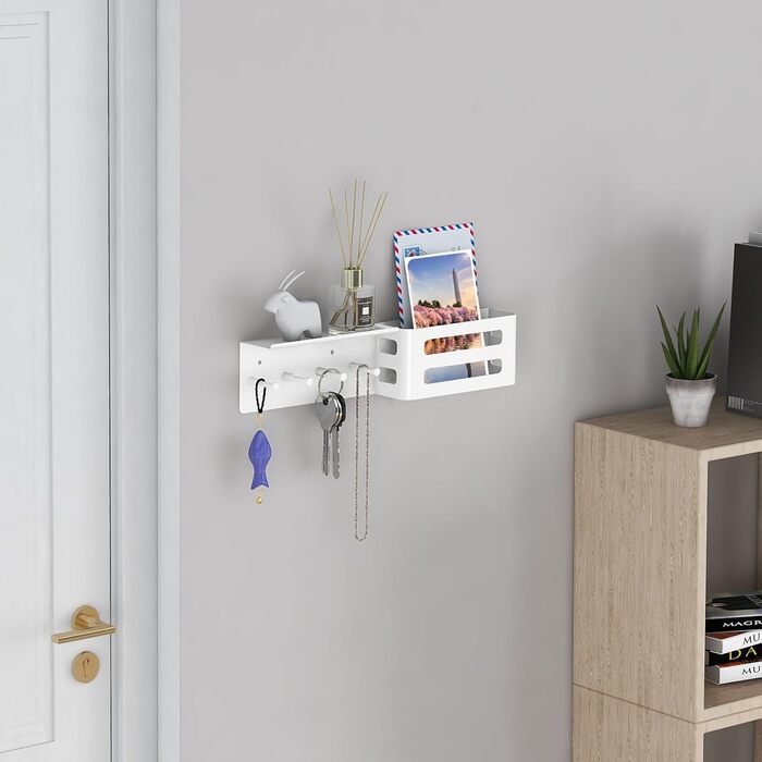Ключниця з полицею, металева ключниця настінна з 5 гачками для ключів біла настінний органайзер для пошти ключниця для зберігання