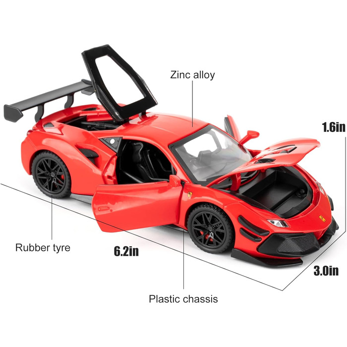 Модель автомобіля Ferrari 488, литий алюмінієвий автомобіль з функцією повернення, дитяча іграшкова машина зі світлом і звуком, колекційна модель іграшка, дитячий подарунок (червоний), 132