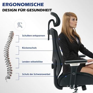 Ергономічне офісне крісло для високих людей (230 кг) Регульоване по висоті сітчасте обертове крісло з 4D підлокітниками, опорою для голови та попереку, для домашнього офісу та офісу, чорне
