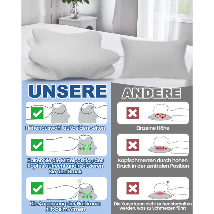 Велика подушка для шиї, подушка для голови, подушка для підтримки шиї, подушка з піни з ефектом пам&39яті, ергономічна ортопедична подушка з наволочкою, подушка для сну на боці, спині та животі - 60 x 34 см x 9/13 см, сірий
