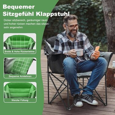 Складане кемпінгове крісло вантажопідйомність 200 кг з подушкою сидіння 6 см - Велике складне рибальське крісло для кемпінгу, саду та фестивалів - Міцне кемпінгове крісло з боковими кишенями та сумкою для перенесення Чорнесіре стандартне кемпінгове крісло