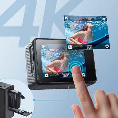 Підводна камера Surfola Action Cam 4K 60FPS, Wi-Fi, водонепроникна камера 40M, регульований ширококутний кут 170, шоломна камера EIS, відеокамера з двома екранами з бездротовим мікрофоном і 2 акумуляторами