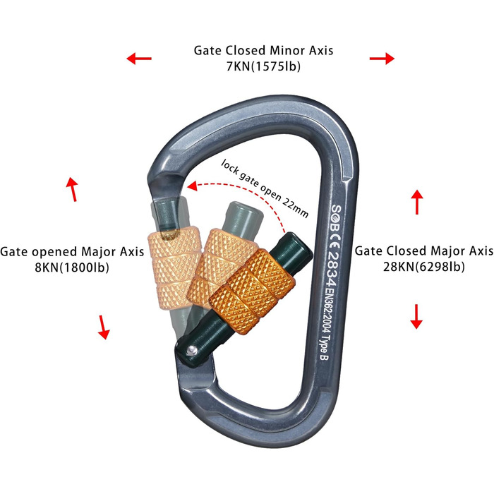 Карабін SOB для альпіністського спорядження, алюмінієвий карабін для гамаків, гойдалок, кемпінгу, риболовлі, спорядження для активного відпочинку 28KN 2PACK 28KN-4PACK