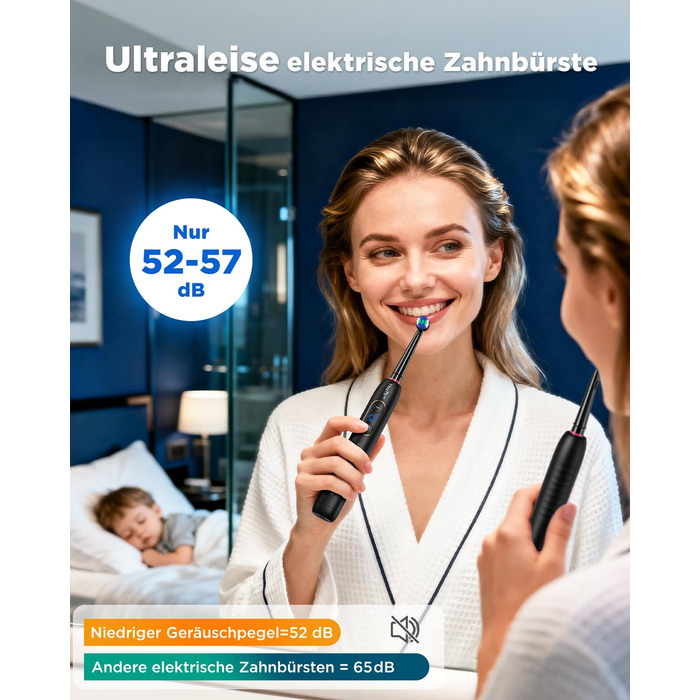 Електрична зубна щітка з обертанням для дорослих та дітей, 8 насадок (2 типи), 3 рівні інтенсивності, 5 режимів, з настінним тримачем та зарядною станцією, таймер чищення 2 хвилини, чорний колір, (в упаковці)