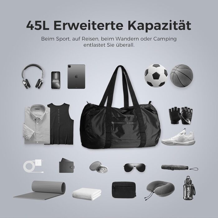 Складана спортивна сумка об&39ємом 45 л водовідштовхувальна спортивна сумка для тренажерного залу, портативна сумка на вихідні, легка для подорожей, фітнесу та кемпінгу (чорна) Чорний 45 л