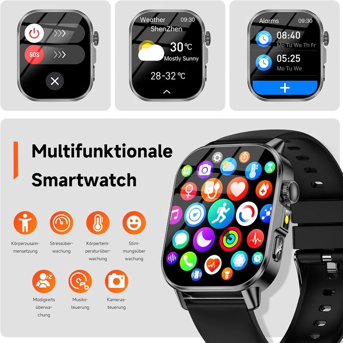 Чоловічий смарт-годинник з ЕКГ/BAT/ІМТ/ВСР/сечовою кислотою/світлодіодним підсвічуванням, 2.0-дюймовий годинник для здоров&39я з 24-годинним вимірюванням артеріального тиску, SpO2, монітором серцевого ритму, температурою тіла, монітором сну/апное, екстрен