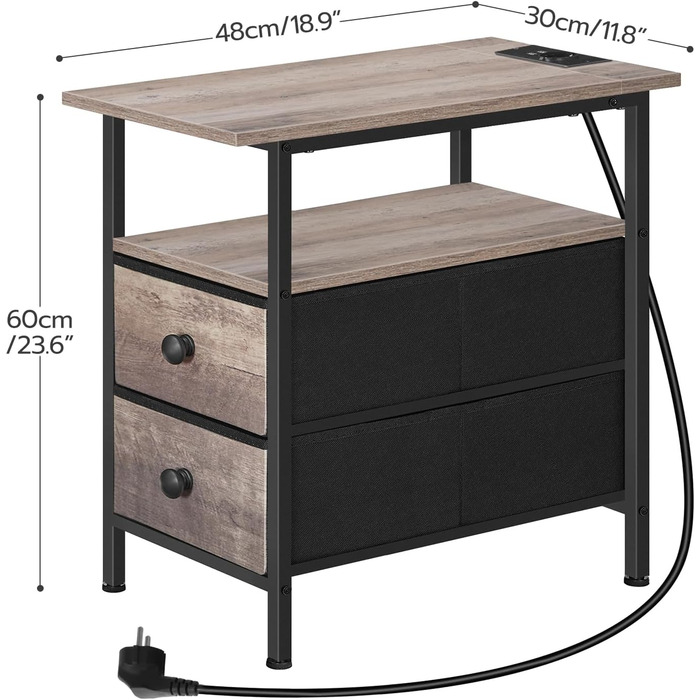 Вузький бічний столик HOOBRO із зарядною станцією, тумбочка з 2 флісовими шухлядами, компактний бічний столик, для невеликих приміщень, спалень, сіро-чорний EBG486CBZ01 сірий чорний