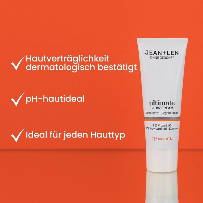 Крем для сяйва шкіри Jean & Len Ultimate Glow, підходить для всіх типів шкіри, забезпечує здорове сяйво, з похідною вітаміну C, без запаху та веганський, 50 мл