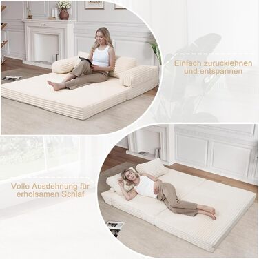 Розкладний диван-ліжко MeMoreCool Cord, зручний розкладний диван із функцією сну, безкістковий диван із подушками для спальні, вітальні та невеликих приміщень, компресійний диван-ліжко 3-в-1, бежевий