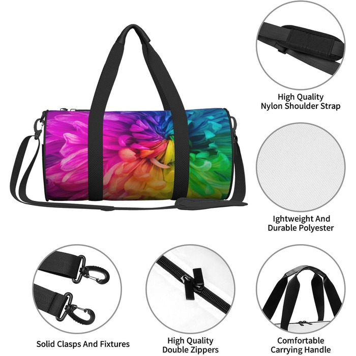 Спортивна сумка для подорожей, красивий веселковий принт з квітами та хризантемами, сумка на нічліг, чорний колір, універсальний розмір