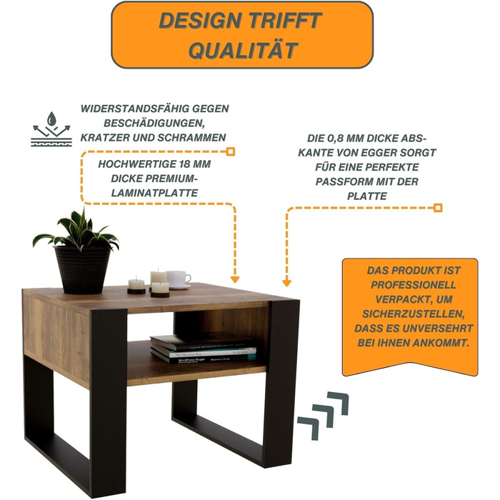 Журнальний столик для вітальні з високоякісної деревини, міцний та сучасний журнальний столик з додатковим місцем для зберігання, ретро-чорний колір, прямокутний, 53,6 Г x 65 Ш x 45 В см.