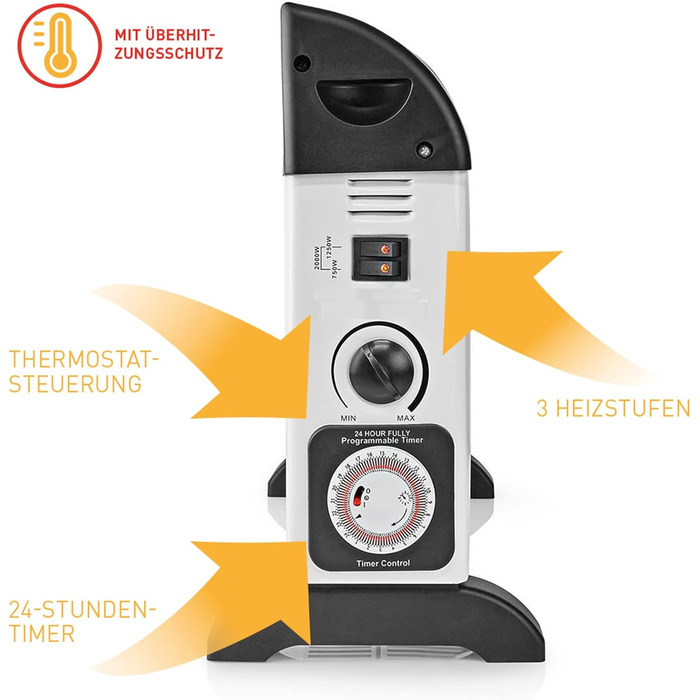Конвектор X4-LIFE 2000 Вт з 24-годинним таймером, електричний обігрівач, економить витрати на електроенергію, захист від перегріву з індикатором, 3 режими нагріву від 750 Вт, обігріває площу до 25 м, портативний обігрівач з ручками для перенесення