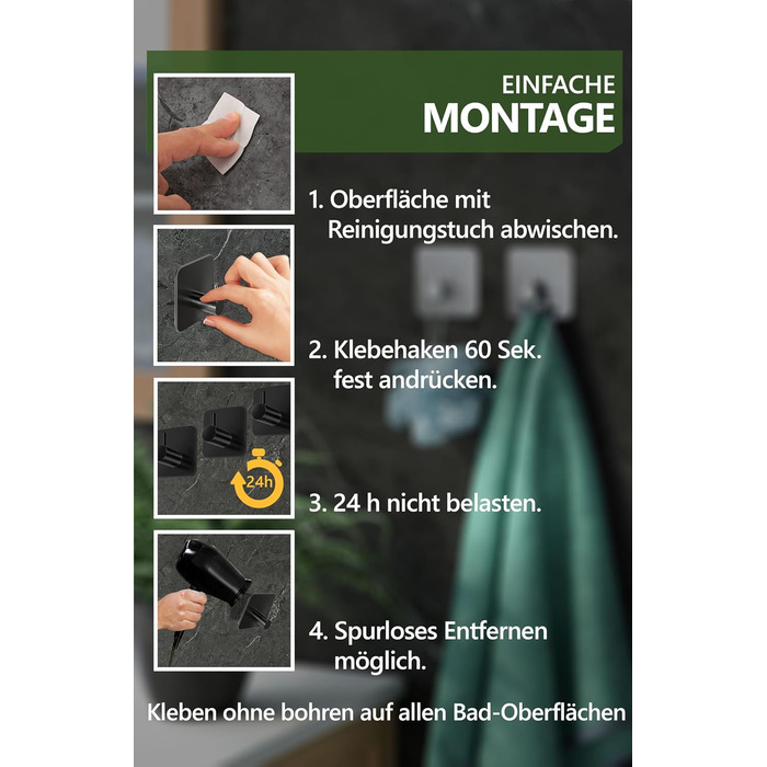 Рушникосушка 4smile без свердління, комплект з 6 шт. - Чорні гачки для рушників у ванній кімнаті як практичні клейкі гачки - Висок