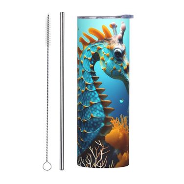 Кухоль з прямою трубочкою, 590 мл, принт синього морського коника, дорожній кухоль, підходить для кемпінгу, офісу та дому