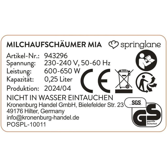 Електричний спінювач молока SPRINGLANE Mia, нержавіюча сталь, 600 Вт, 250 мл, 2 насадки, 4 програми для холодного або гарячого спі