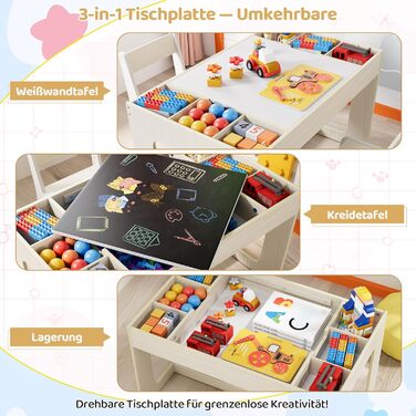 Дитячий комплект сидіння MAMIZO з місцем для зберігання, дитячий стіл з 2 стільцями, комплект дитячого столу та стільців з двосторонньою стільницею, дитячий стіл для дитячих кімнат та дитячих садків, вік 3, колір дерева з білим