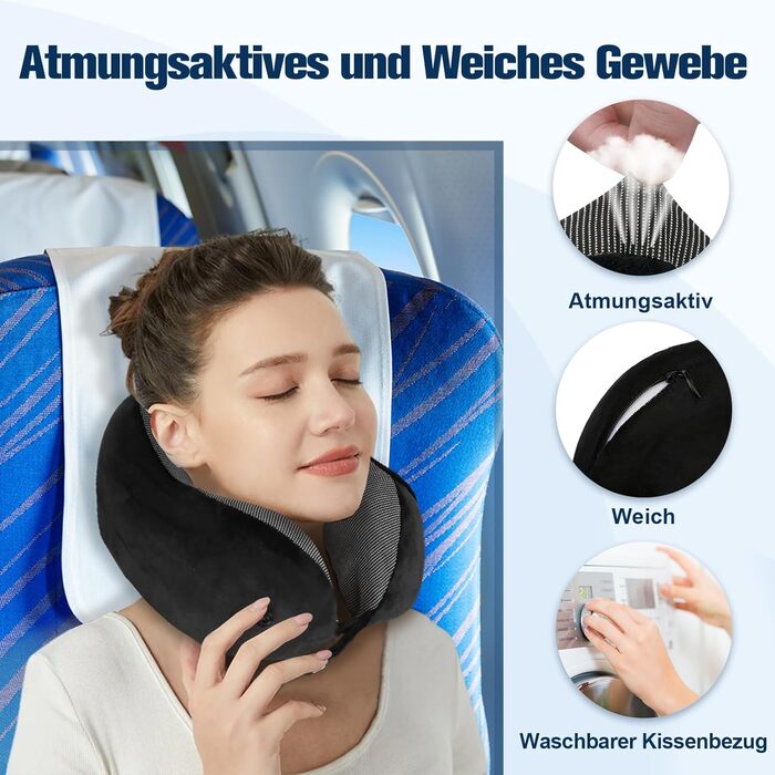 Регульована компактна Neck Pillow Travel, ергономічна мяка дихаюча подушка з берушами, маска для очей, сумка для перенесення