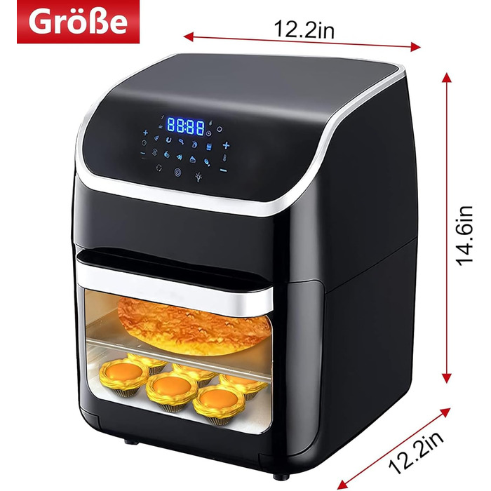 Фритюрниця PRIJESSE 12 л, багатофункціональна фритюрниця з гарячим повітрям, фритюрниця 1800 Вт зі світлодіодним сенсорним екраном, 10 програм, підтримка тепла та функція дегідратора, включаючи брошуру з рецептами та аксесуари 12 л Вертикальний екран