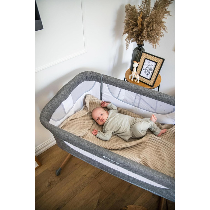 Дитяче ліжечко Momi SMART Bed 4-в-1 до 15 кг, приліжкове ліжечко для немовлят з матрацом, регульована висота, сірого кольору, одномісне