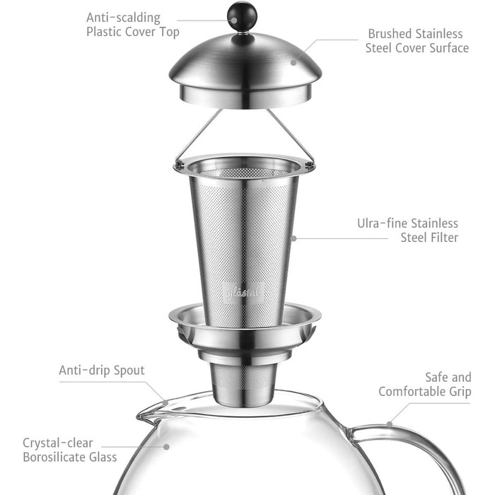 Срібний чайник Glastal Glass 2000 мл з ситечком для чаю з нержавіючої сталі 18/8 Боросилікатний скляний чайник на плиті Скляний ча