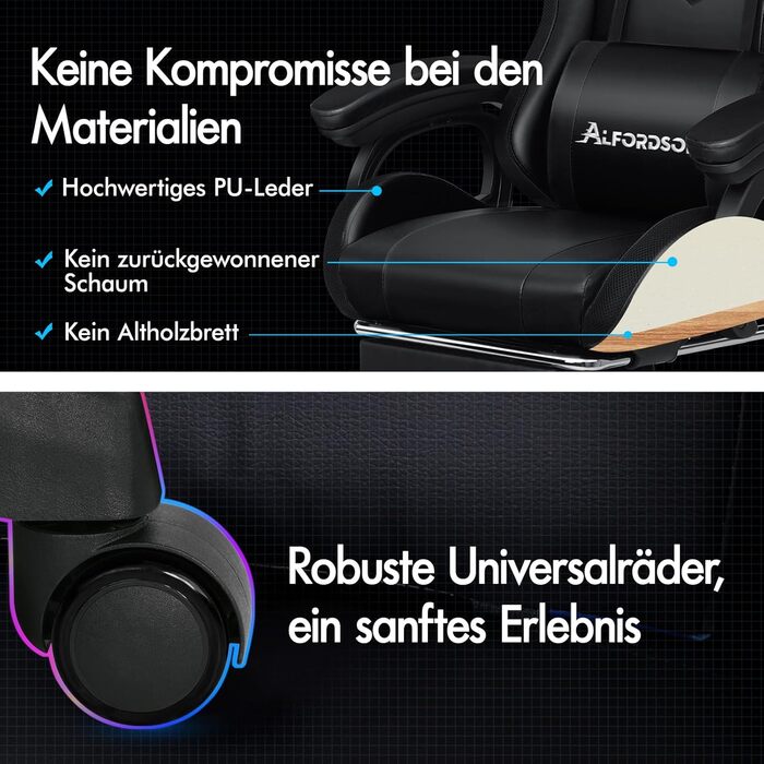 Ігрове крісло ALFORDSON з 8-точковим масажем, 12-кольорове RGB-світлодіодне підсвічування, ергономічне офісне крісло з підставкою для ніг, підголівником та поперековою подушкою для дітей та дорослих, чорне Marc - Black Series Marc