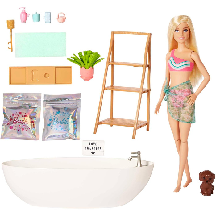 Серія Barbie Self-Care, ванна з конфетті, лялька Barbie зі світлим волоссям, купальник, цуценя, 2 набори мила Confetti, аксесуари
