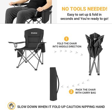 Крісло для кемпінгу KingCamp з сумкою-холодильником та тримачем для напоїв, кемпінгове крісло для дорослих, складні вуличні стільці для саду, пікніка, походів, використання в приміщенні, вантажопідйомність 136 кг, чорний