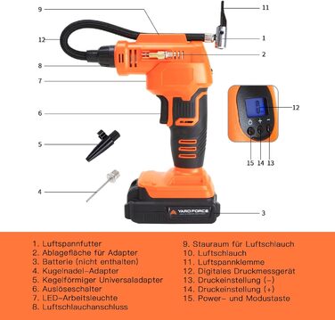 Повітряний насос Yard Force, електричний повітряний насос 20 В, автомобільний повітряний компресор 120 фунтів на квадратний дюйм, вбудований акумулятор автомобільного компресора 2200 мАг, манометр у шинах для автомобіля, велосипеда, футболу