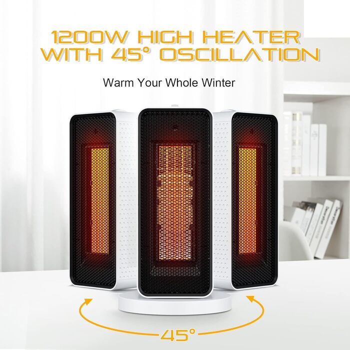 Енергозберігаючий тихий міні-електричний вентилятор-обігрівач Qoosea потужністю 1200 Вт з керамічним нагрівальним елементом, 3 режими, швидке нагрівання 3S, PTC-обігрівач для дому та офісу (білий)