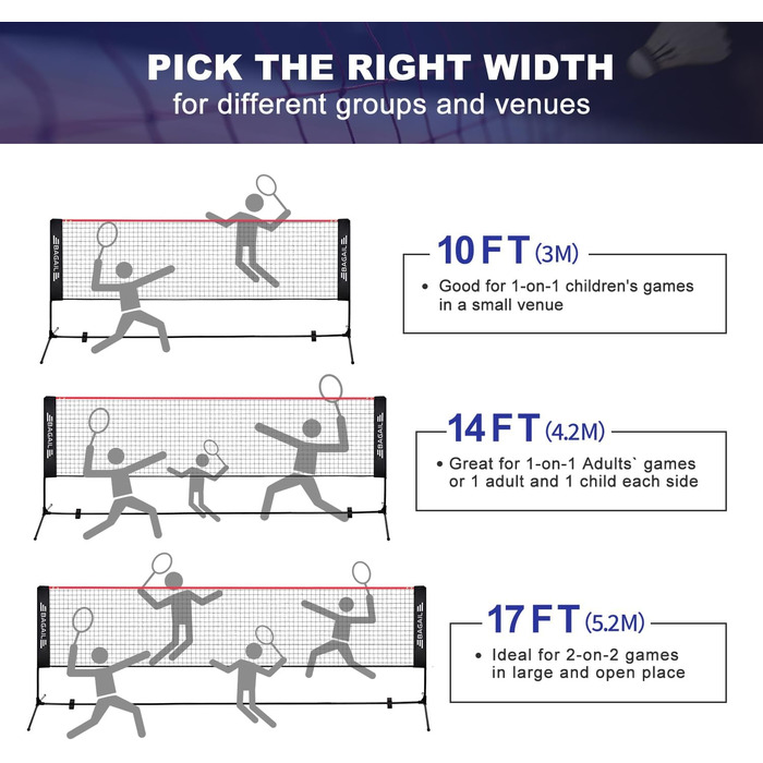 Портативний комплект спортивної сітки BAGAIL 3 в 1 (Бадмінтон, Теніс, Волейбол), 3 м, Червоний/Чорний, Регульована висота, Зі складною підставкою та сумкою