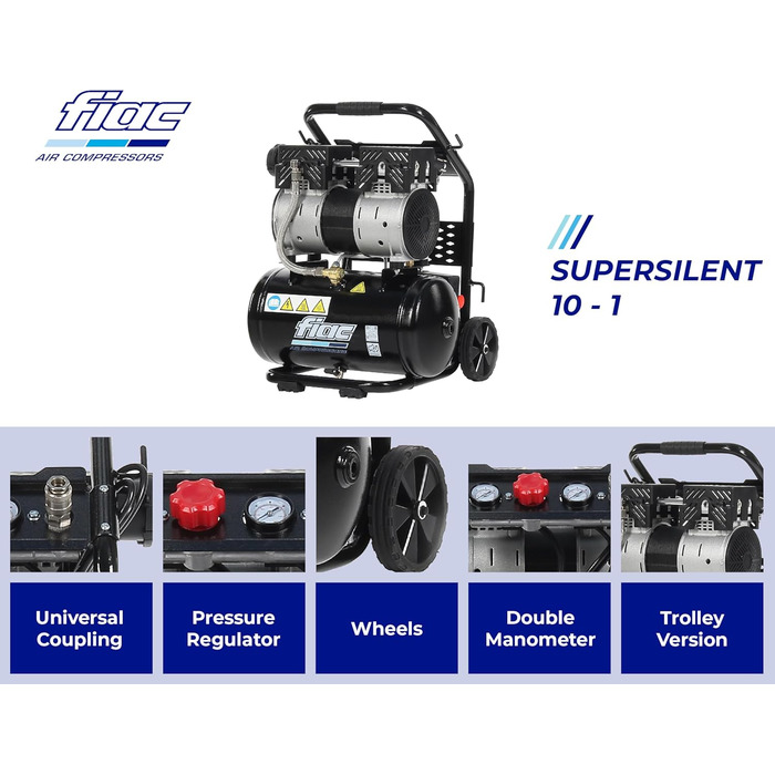 Переносний повітряний компресор FIAC SUPERSILENT 10, безмасляний, максимальний тиск 8 бар, 1 к.с., бак 10 л, рівень шуму 58 дБ LpA