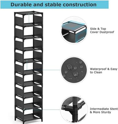 Висока полиця для взуття SunshineFace, 10 рівнів, полиця для взуття, вертикальна, вузька, металева рама, зберігання взуття, органайзер, складна полиця для взуття для шафи, передпокій, передпокій