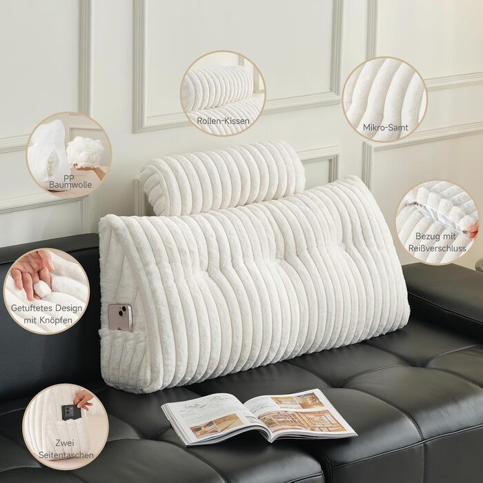 Подушка-книжка Z-hom, клиноподібна подушка, подушка для читання для ліжка та дивана, затишна подушка для спини, практична бічна кишеня, знімний чохол, з круглою подушкою для голови (версія з довгим ворсом, 150 * 50 * 20 см) 150*50*20 см