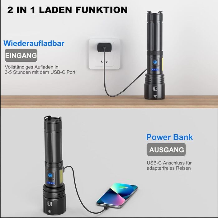 Акумуляторний світлодіодний ліхтарик, 1000000 люмен, надзвичайно яскравий світлодіодний ліхтарик з USB-акумулятором, 7 режимів світла, тактичний ліхтарик, водонепроникний ліхтарик IPX7 для кемпінгу та походів