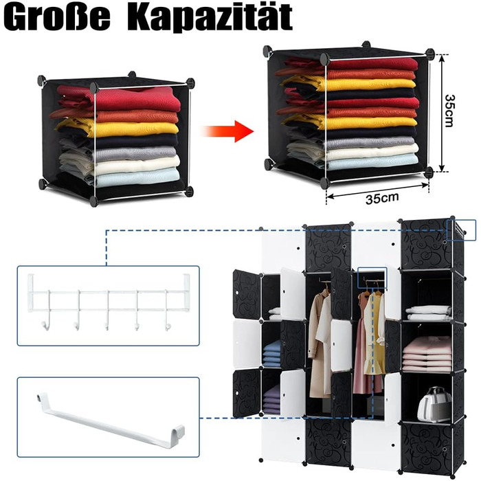 Система полиць, вставний стелаж із пластику, шафа з дверима та рейкою для одягу, шафа для спальні, комбінована шафа для одягу, книг, іграшок (20 кубиків, білий та чорний)