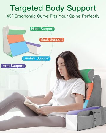 Подушка для читання для ліжка та дивана, подушка для книги зі знімним потиличним валиком та підлокітником, подушка для спини ліжка, настінна подушка, багатофункціональна клиноподібна подушка для читання, роботи, перегляду телевізора