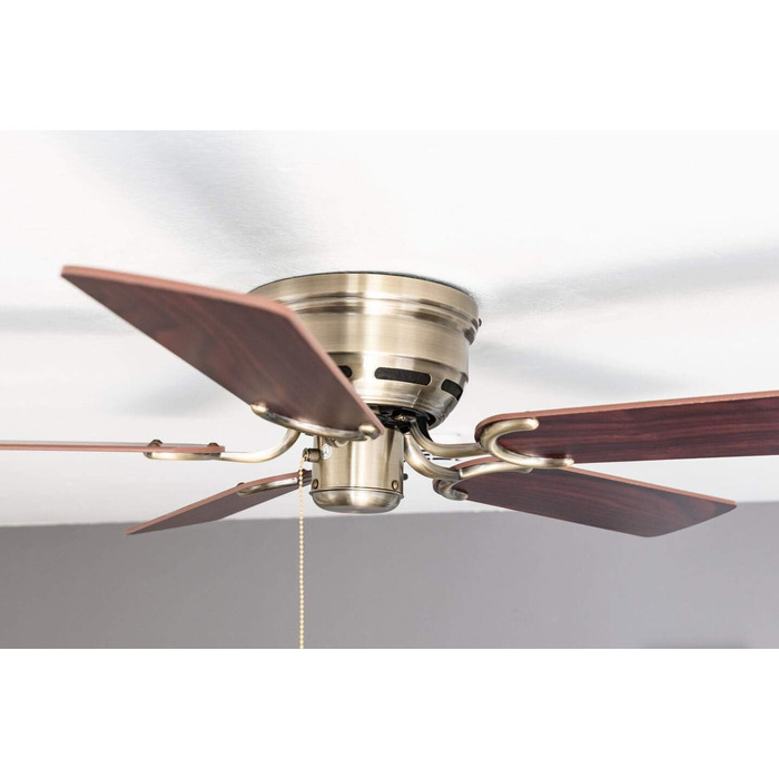 Стельовий вентилятор Kisa без підсвічування Вентилятор із тяговим перемикачем із старовинної латуні з реверсивними лопатями з рожевого та горіхового дерева, діаметр 105 см. (Колір латунь, палісандр/горіх)