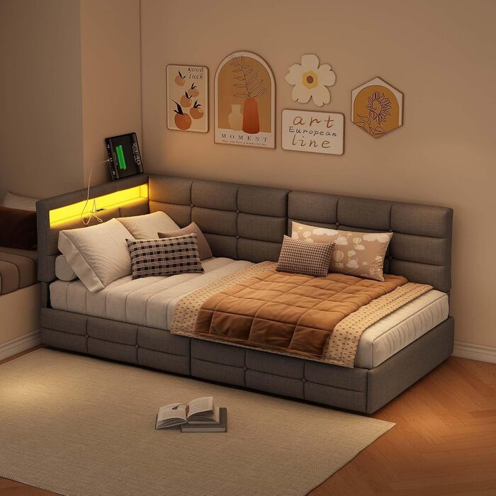 М&39яке ліжко 90x200 см, односпальне ліжко з місцем для зберігання речей, диван-ліжко з 2 шухлядами, кушетка зі світлодіодним підсвічуванням та USB, дитяче ліжко з рейковим каркасом, лляне, без матраца (сірий, 90 x 200 см) Сірий 90 x 200 см